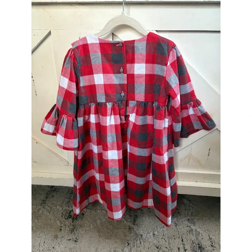 The Oaks Apparel Sarah Beth Plaid Ruffle Bell Sleeve Dress Red White Gray Size 5